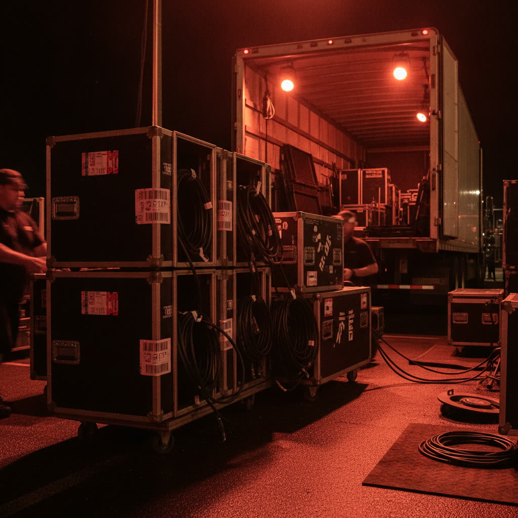Cajas de equipo cargándose a un camión para un concierto